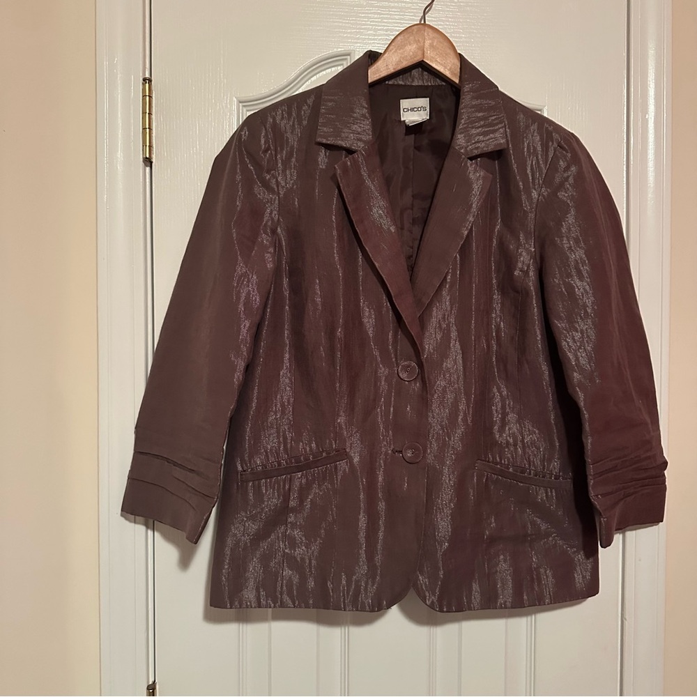 CHICO’S 1 Truly Textured Liza Shimmer Crinkle Pleat Blazer Jacket Bronze EUC